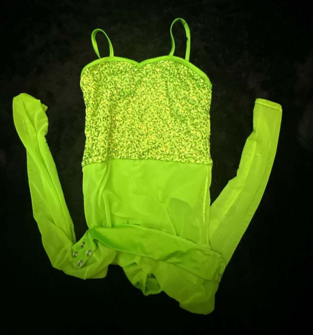 Weissman Neon Green Sequin Bodysuit with Long Sleeve Mock Neck Mesh Overlay